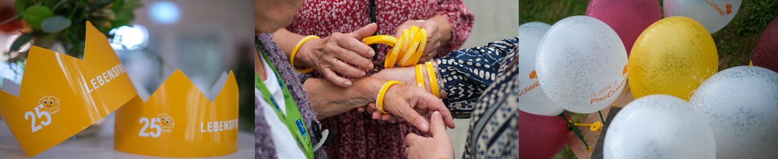 Collage aus ProCurand Krone, Händen mit Jubiläumsarmband, Luftballons beim 25-jährigen Firmenjubiläum