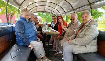 Die Senior*innen der ProCurand Seniorenresidenz Eberswalde sitzen in der Kutsche und genießen die Fahrt bei angenehmer Stimmung und mit lächelnden Gesichtern.