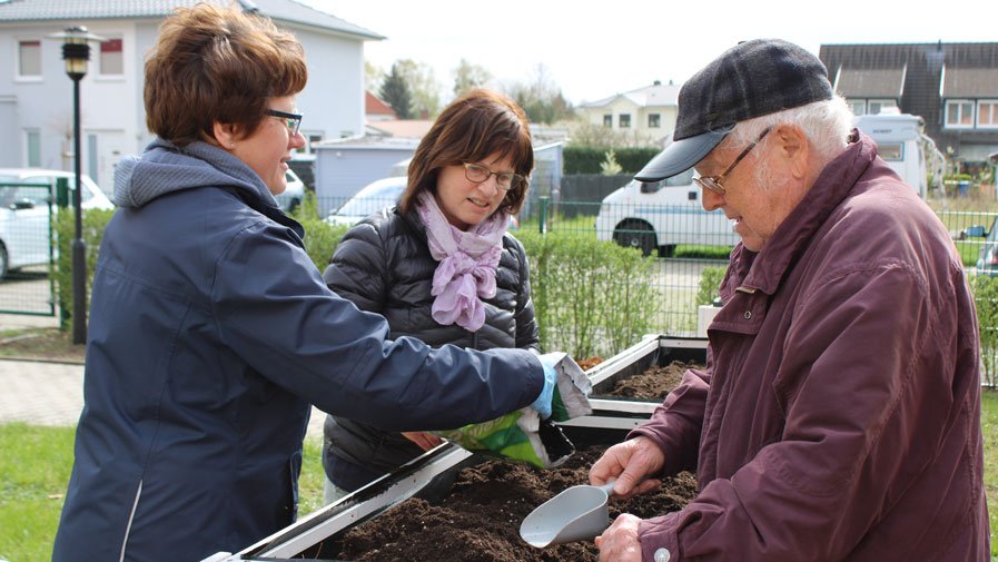 Der Außenbereich der ProCurand Seniorenresidenz Eberswalde wird bei einer Pflanzaktion schön gestaltet.