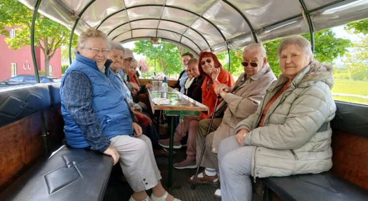 Die Senior*innen der ProCurand Seniorenresidenz Eberswalde sitzen in der Kutsche und genießen die Fahrt bei angenehmer Stimmung und mit lächelnden Gesichtern.