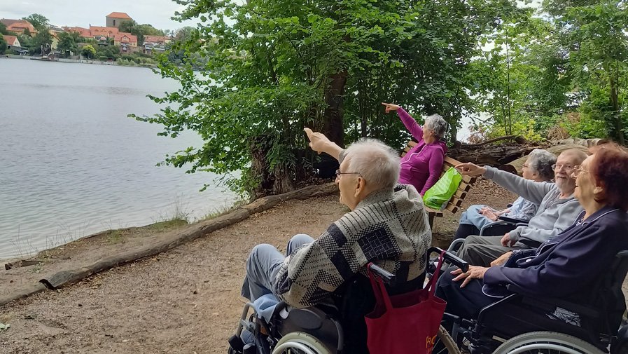 Bewohner*innen der ProCurand Seniorenresidenz Am Straussee stehen am Ufer, zeigen begeistert auf den Straussee und genießen den herrlichen Blick auf die Strausberger Altstadt.